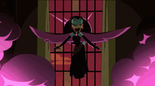 a cartoon character is standing in front of a window with a purple background