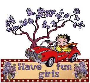 a cartoon of betty boop driving a red car with the words have fun girls