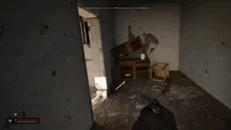a person is holding a gun in a video game and looking out of a doorway .