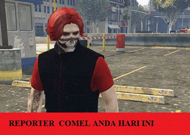 a man with red hair and a skeleton face is standing in a parking lot with the words reporter comel anda hari ini above him