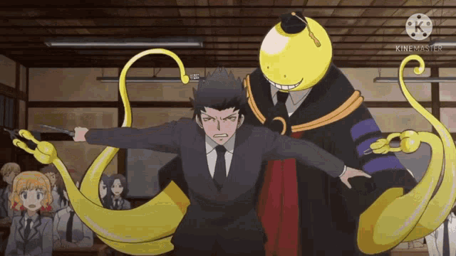 a man in a suit and tie is standing next to a yellow octopus in a classroom