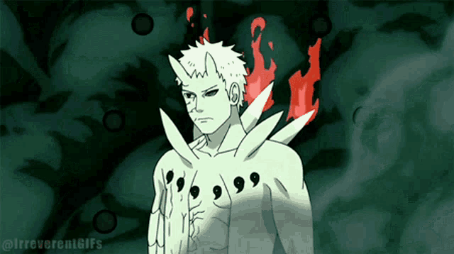 a drawing of a man with a lot of spikes on his torso and the words " irreverentgifs " at the bottom