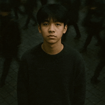 a young man in a black sweater is standing in front of a crowd of people
