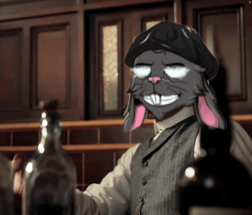 a man with a rabbit mask on his face holds a bottle