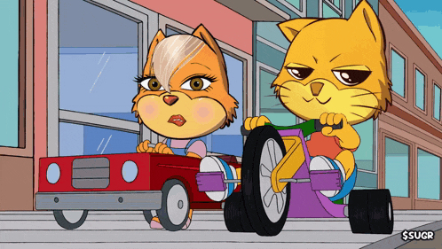 a cartoon of two cats driving a red car and a purple tricycle with $sugr written on the bottom