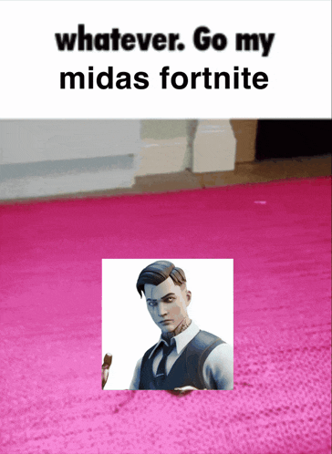 a pink rug with a picture of midas fortnite on it