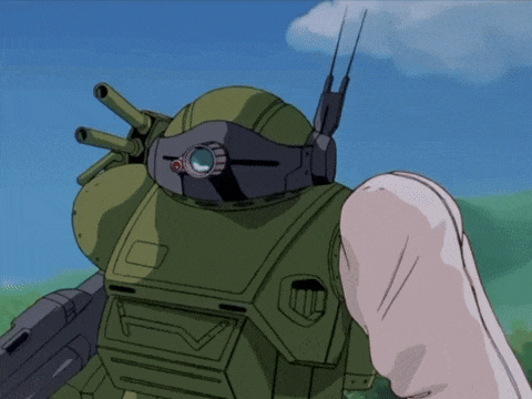 a cartoon drawing of a military robot with a red button on its head