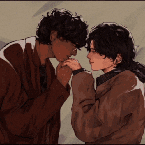 a painting of two people touching each other 's noses