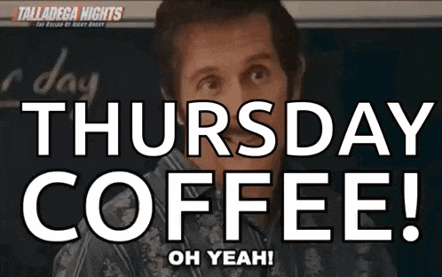 a man is standing in front of a blackboard with the words thursday coffee on it
