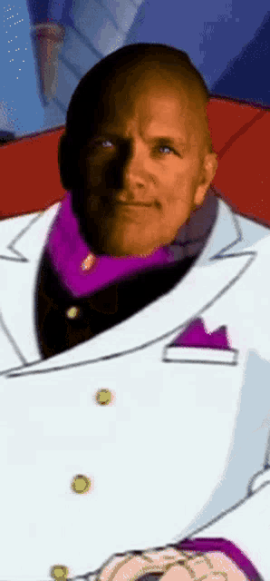 a man in a white suit and purple scarf