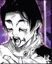 a black and white drawing of a man with his mouth open and a purple background .