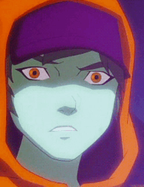 a close up of a cartoon character with a purple hat on