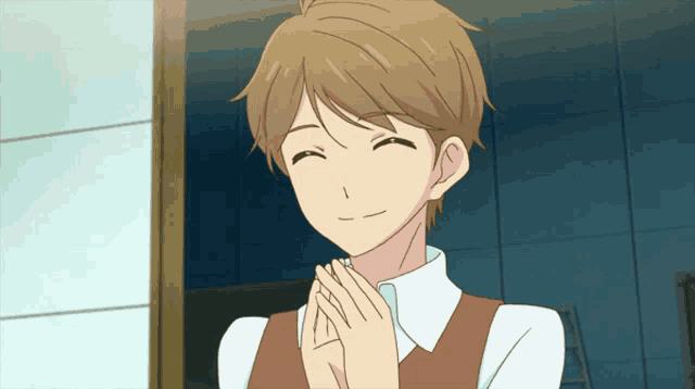 a smiling anime character with his hands folded