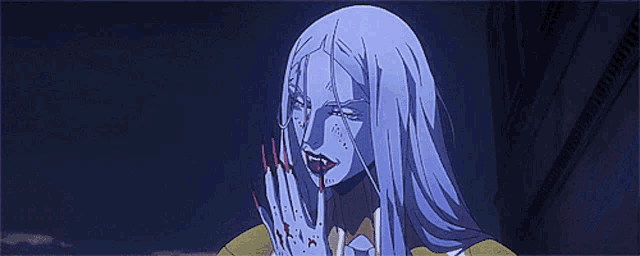 a cartoon drawing of a woman with long blue hair and red claws