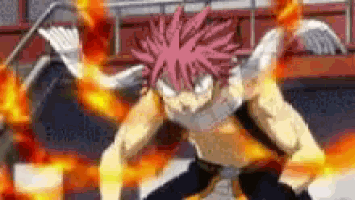 a cartoon character with red hair and wings is holding a sword in his hand .