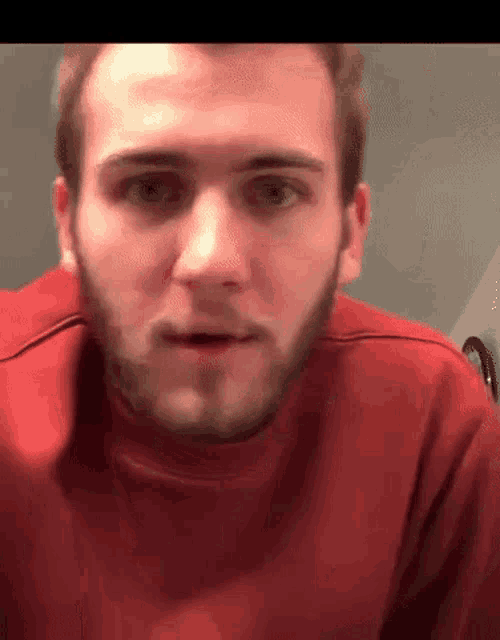 a man with a beard is wearing a red sweater and looking at the camera .