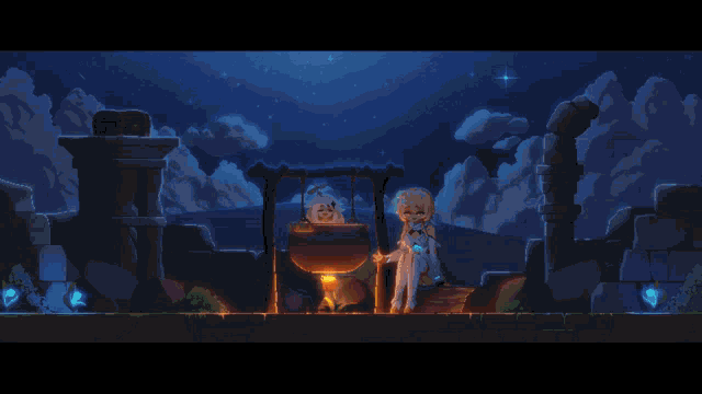 a pixel art illustration of a skeleton standing in front of a cauldron