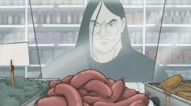 a cartoon of a man looking at sausages in a grocery store