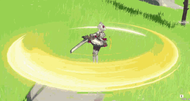 a video game character is holding a sword and a shield