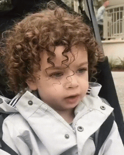 a young boy with curly hair is sitting in a stroller .