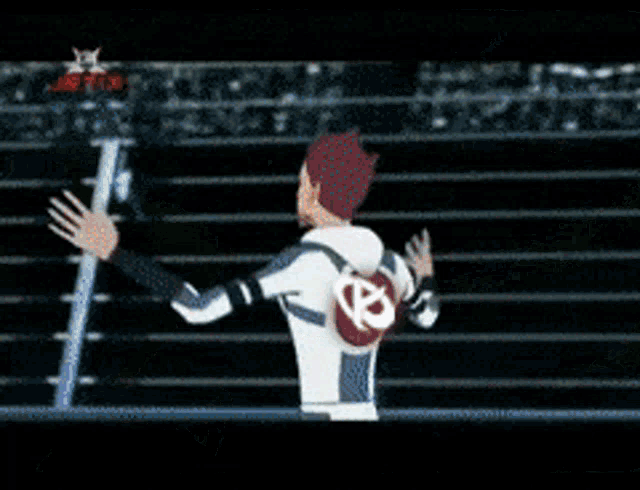 a cartoon character with red hair and a red circle with the letter b on his chest