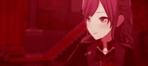 a girl with purple hair and red eyes is standing in front of a red wall .