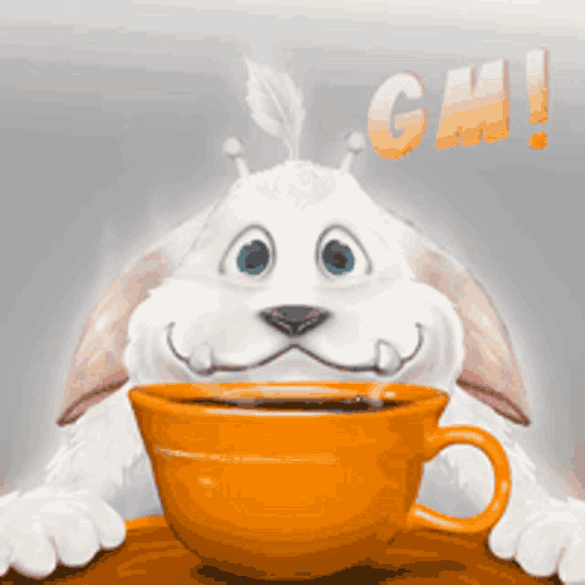 a cartoon rabbit is holding a cup of coffee with the word gm above it