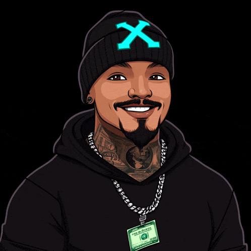 a cartoon drawing of a man wearing a beanie with a blue x on it and a dollar bill around his neck