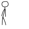 a stick figure is standing on a white background and looking at the camera .