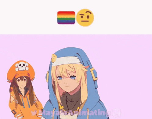 two anime girls are standing next to each other and a rainbow smiley face is above them