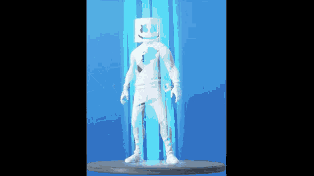 a statue of marshmello is standing on a pedestal in front of a blue background