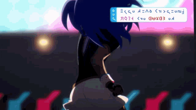 a girl with blue hair is standing in front of a sign that says ' ecgv = ao '