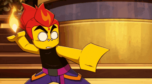 a yellow cartoon character with red hair is holding a flame in his hand