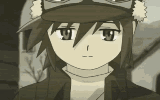 a close up of a cartoon character wearing a hat and goggles .