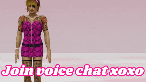 a man in a pink dress stands in front of a pink background that says join voice chat xoxo