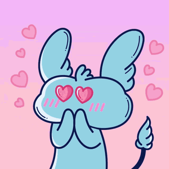 a cartoon drawing of a blue monster with hearts in his eyes