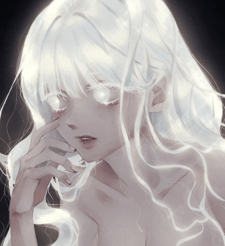 a girl with white hair and glowing eyes