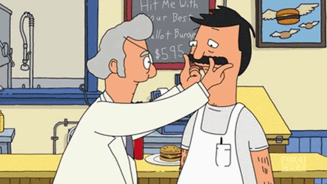 a cartoon of a man with a mustache and a sign that says " hit me with your best "