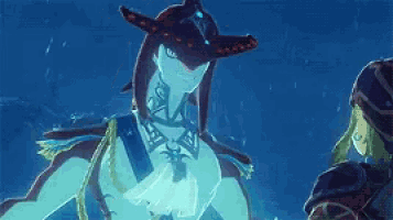 a video game character is standing next to a shark in the water .