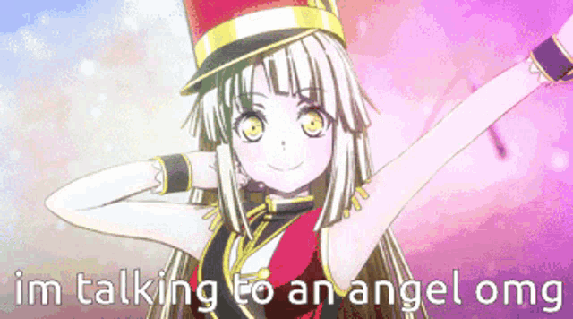 a girl in a top hat is talking to an angel .
