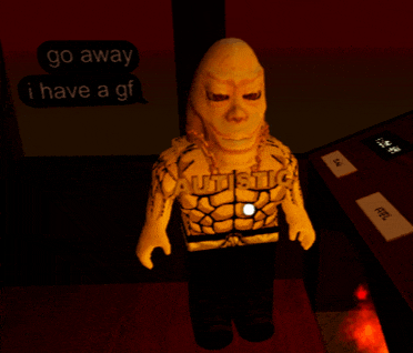 a cartoon character with autism written on his chest is standing in a dark room