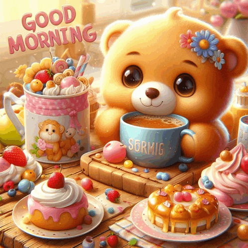 a teddy bear is holding a cup of coffee with the word sormig on it