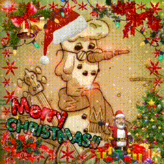 a christmas card with a snowman wearing a santa hat and the words merry christmas