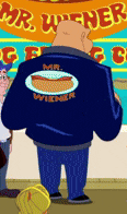 a cartoon character named mr wiener is wearing a blue jacket with a hot dog on the back