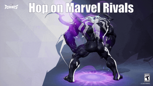 a video game advertisement for marvel rivals shows a venom character