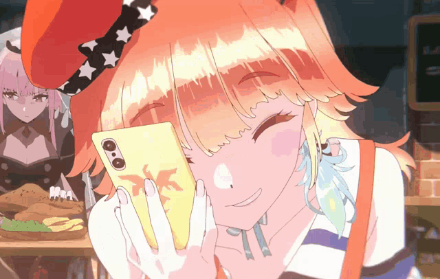 a girl with orange hair is holding a yellow phone