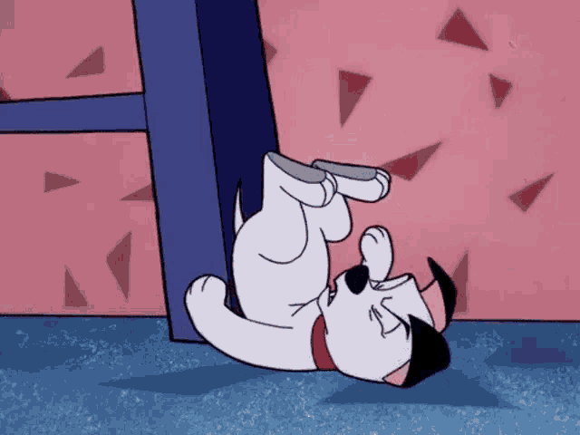 a cartoon dog is laying upside down on its back against a pink wall .