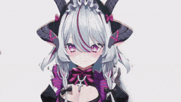 a girl with horns and a cross on her chest is holding a cane