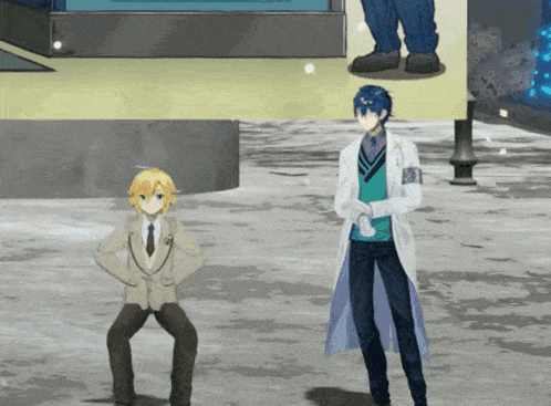 a man in a lab coat stands next to another man in a suit