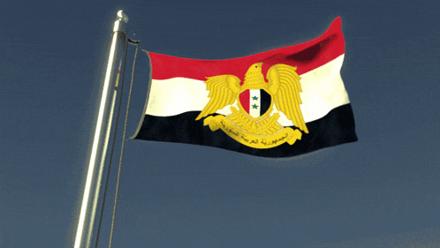 a red white and black flag with a gold eagle on top